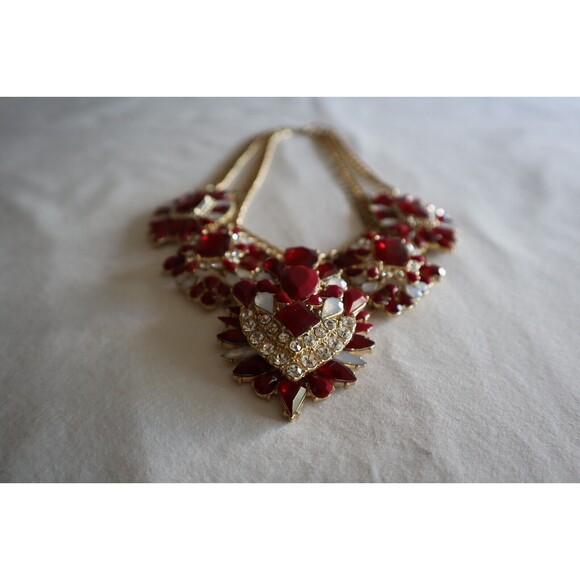 Chunky Necklace Gold Toned Chain Red White Stones Rhinestone Statement 18" - Picture 7 of 11